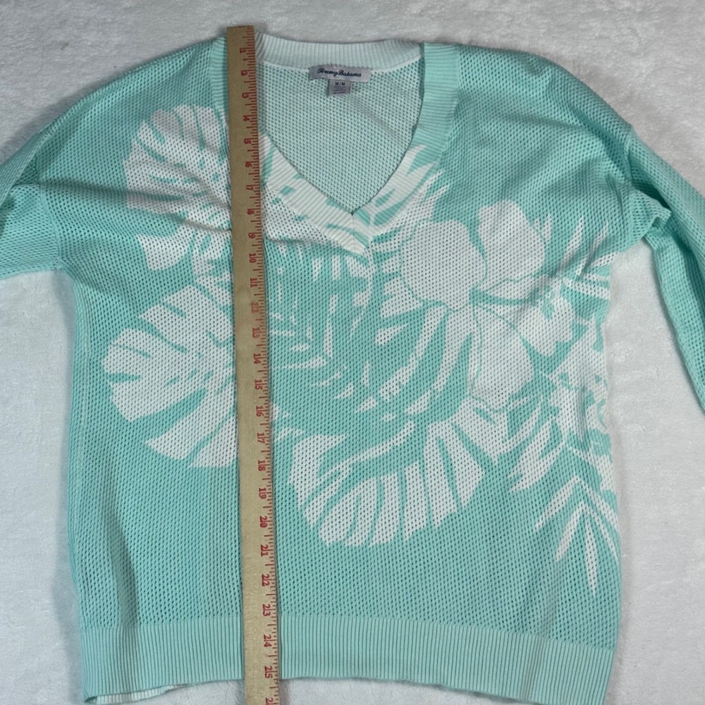 Tommy Bahama Sweater Women Medium Aqua Tropical Leaf Print V-Neck Cotton Knit - Picture 4 of 8